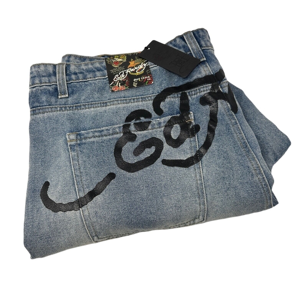 ED HARDY Sim Tapered Death Before‎ Dishonor Light Wash Distressed Jeans NWT 40